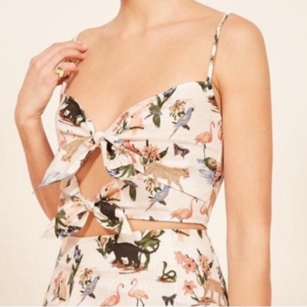 Reformation Medium Linen Crop Double Tie Tank Top Animal Print Janeiro Safari